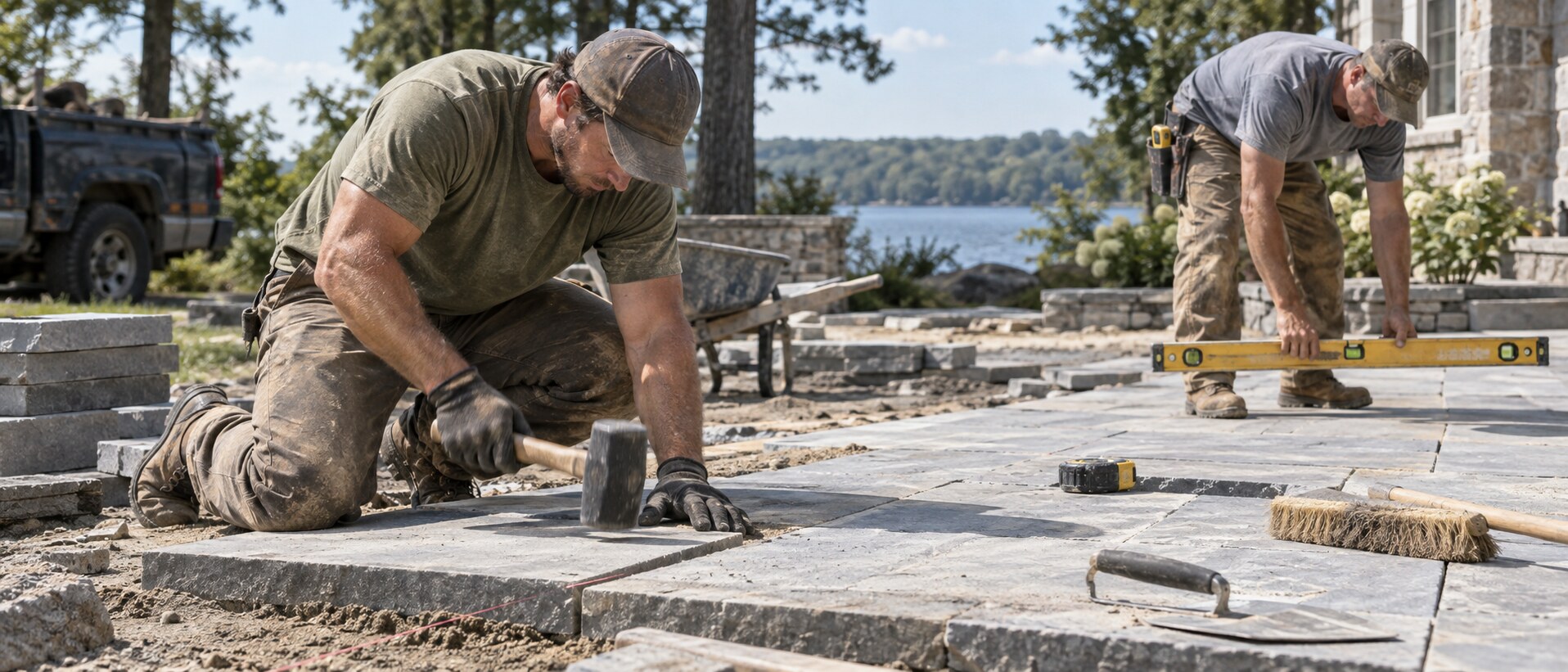 Workers setting stone paving on an outdoor site.