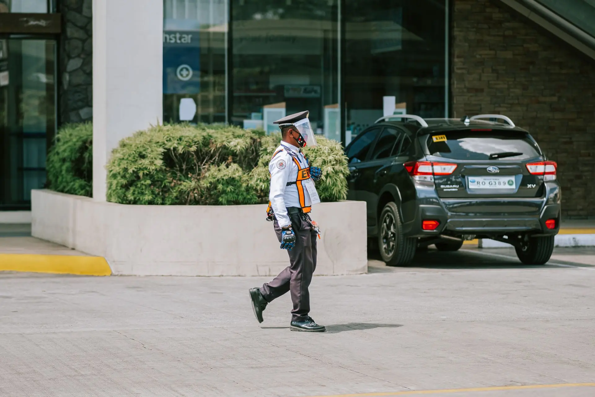 Security officer on patrol outside a building