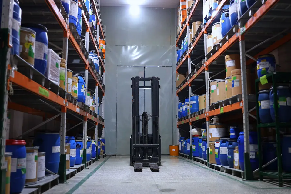 Warehouse aisle with stocked shelves