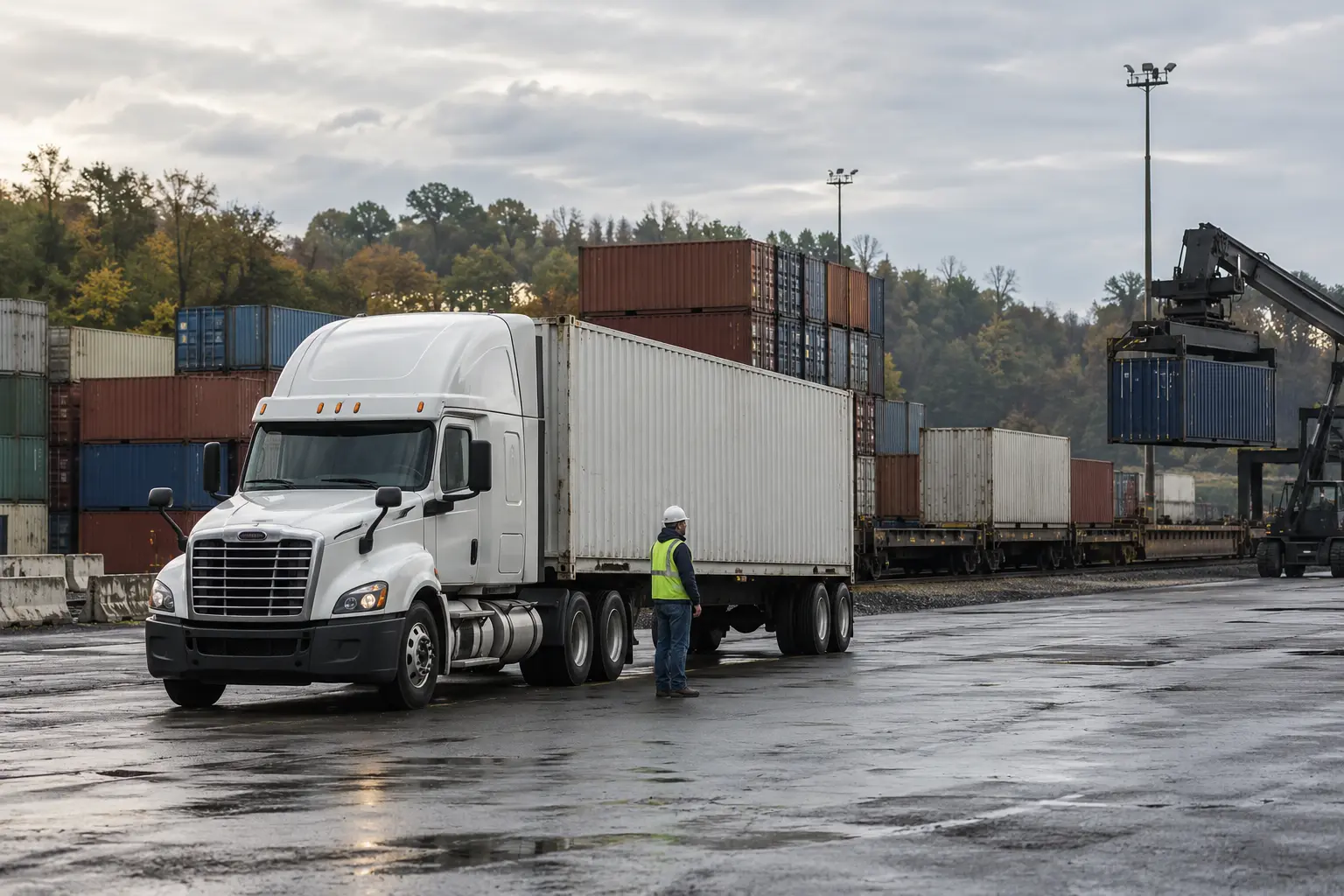 Truck and containers at a freight yard.