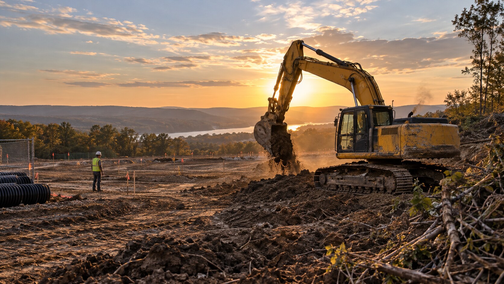 An excavator working on a site overlooking a wooded landscape.