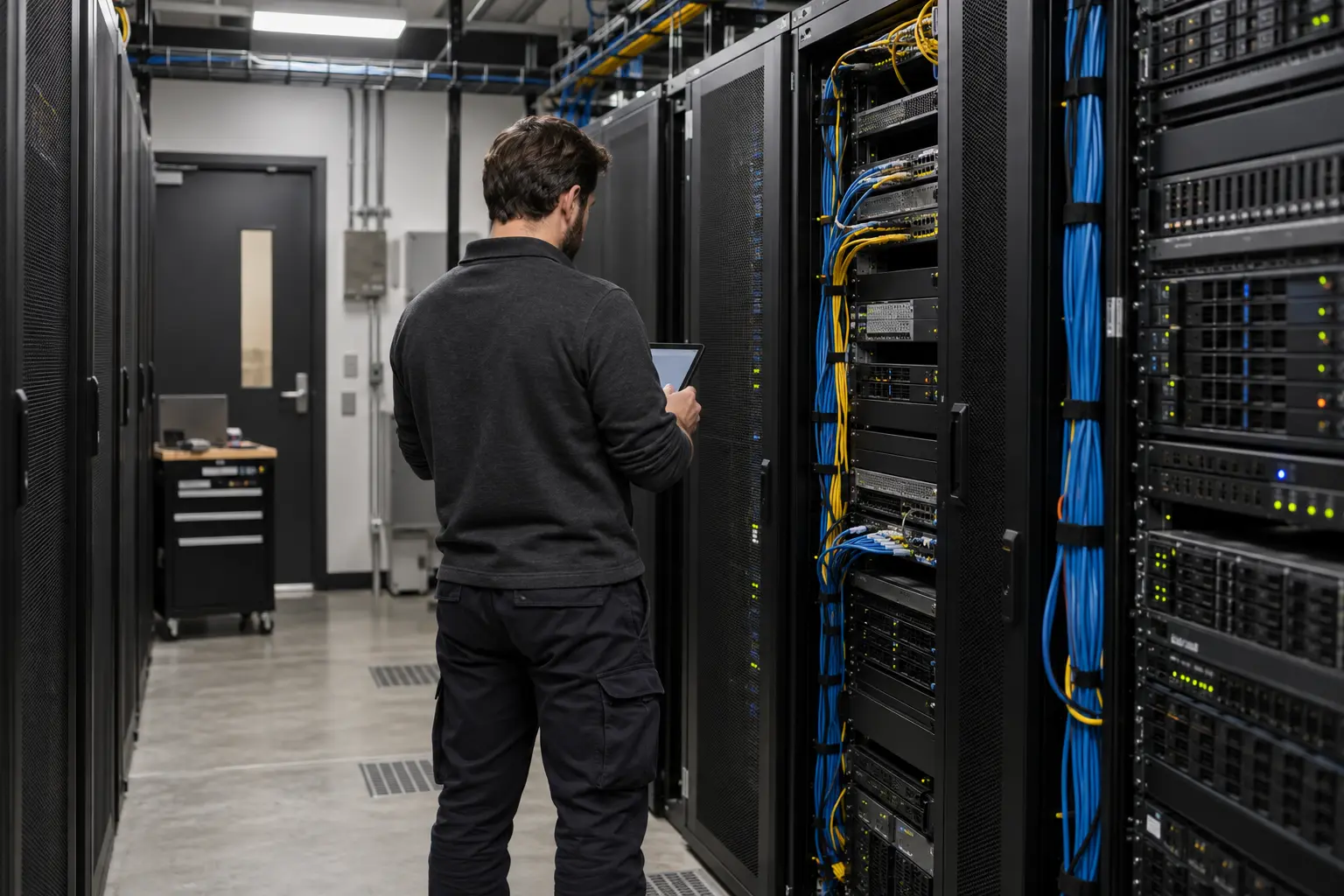 Technician reviewing equipment in a server room.