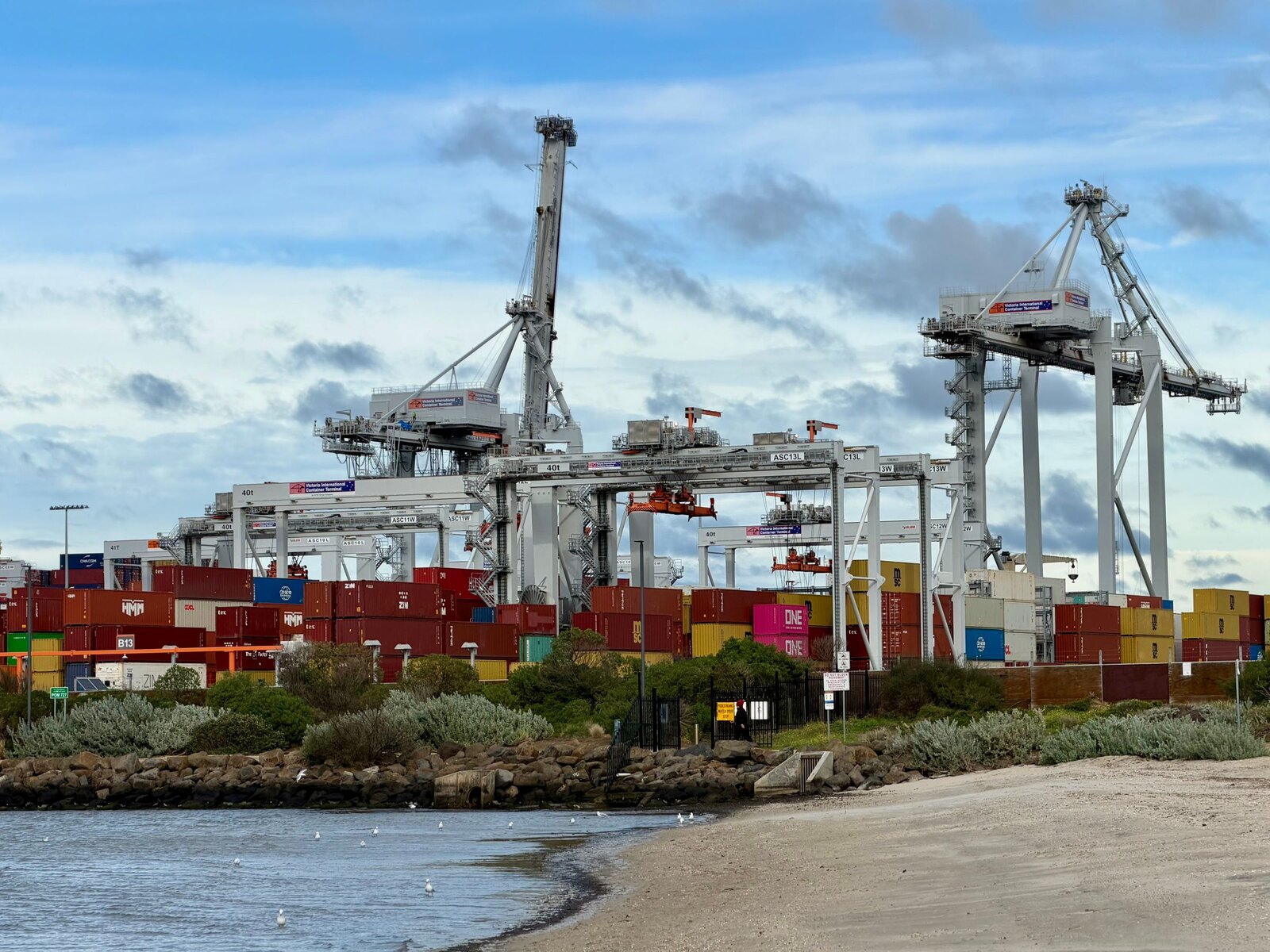 Container terminal with cranes at a port.