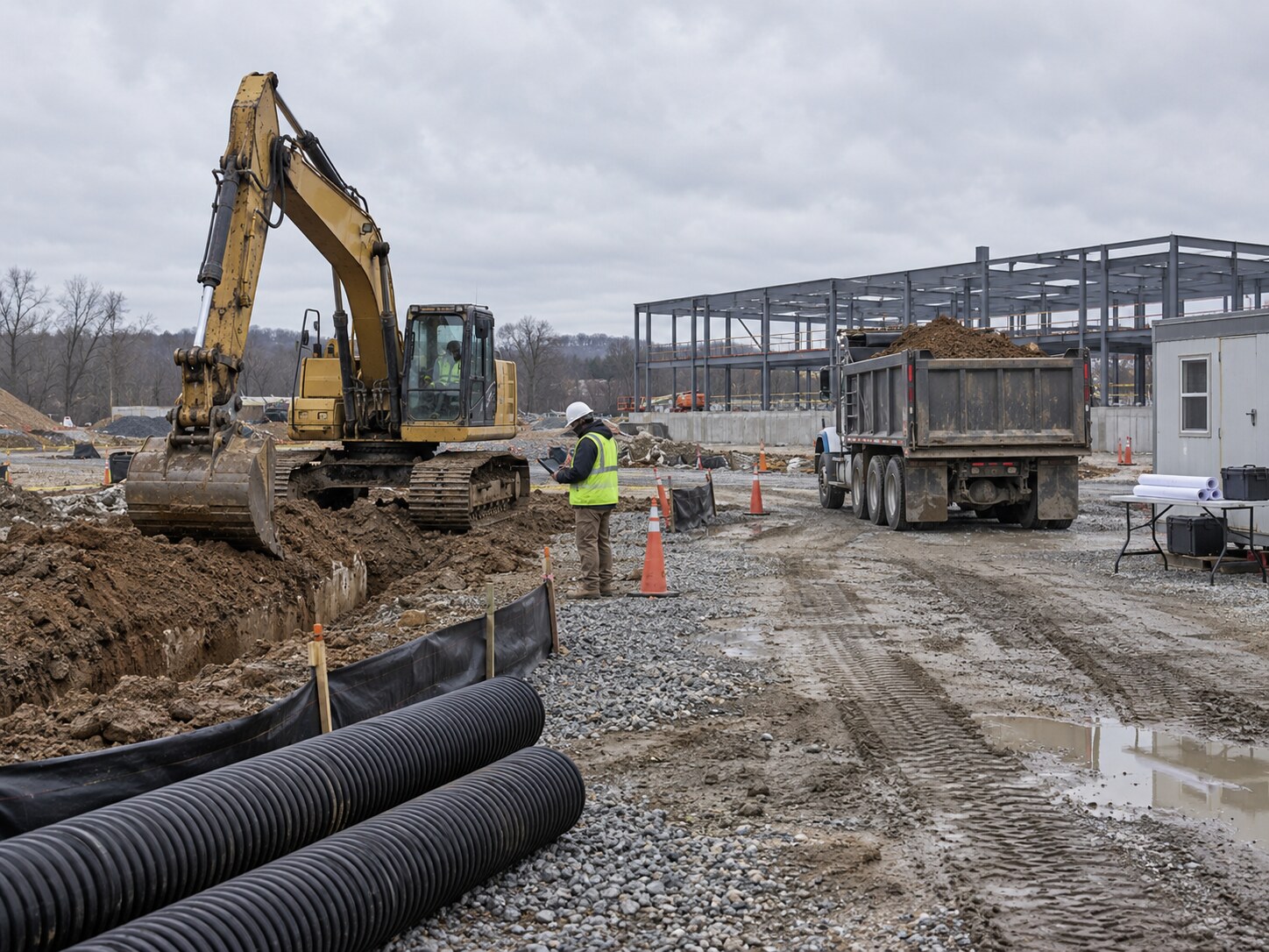 Excavation and drainage work at a construction site.